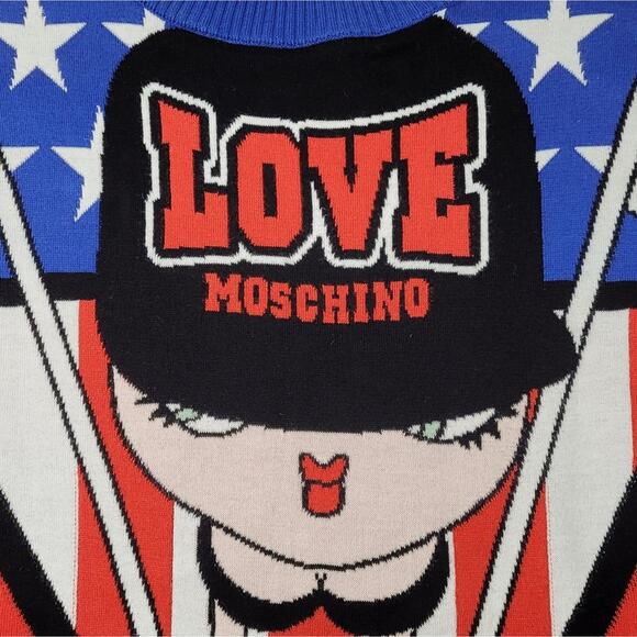 Love Moschino Race Theme Boop Babe Logo Sweater Stars Red Blue White size Small - Picture 7 of 16
